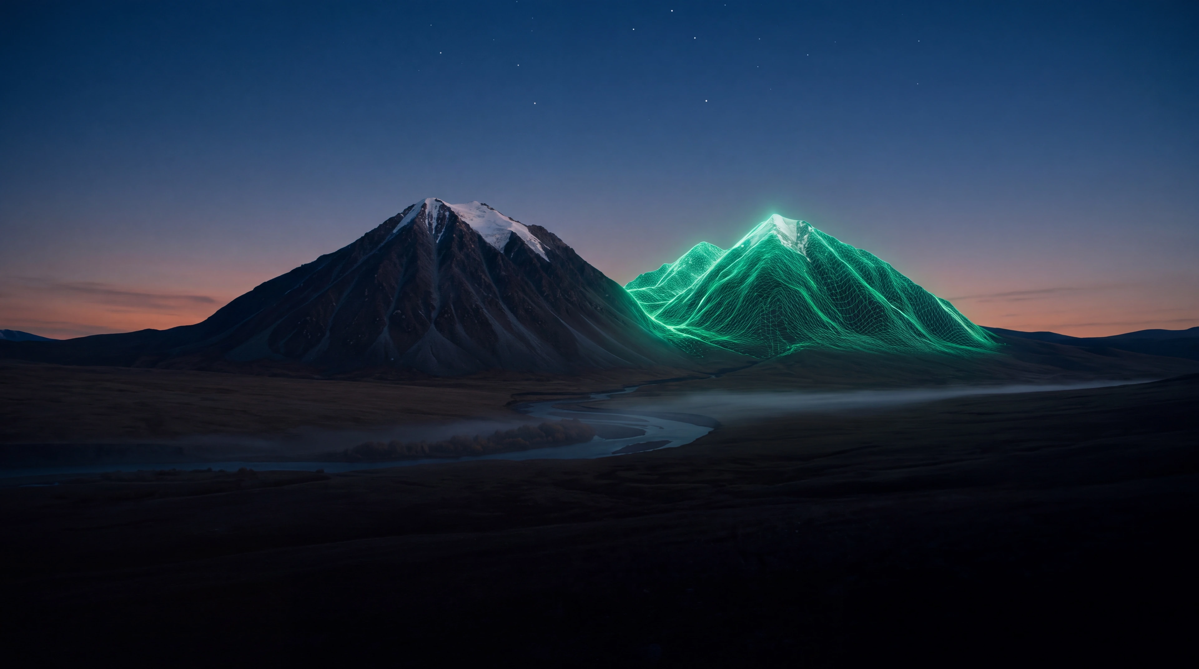 A mountain and its hologram twin at dawn